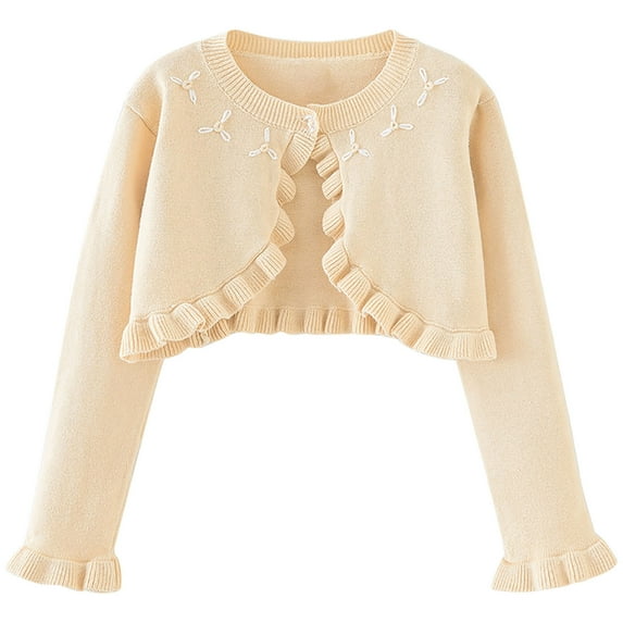 Odeerbi Kids Girls Bolero Cardigan Cropped Shrugs Knit Cover Up Kids Baby Fashion Cute Solid Color Long Sleeve Thin Style Button Cardigan Sweater Kids Clothes Beige