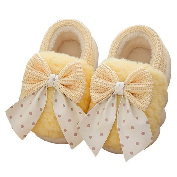 Odeerbi Kids Girls Bow Fuzzy Slippers Children's Winter Bag Heel Home Cute Bow Tie Slippers Non Slip Warm Baby Cotton Shoes Yellow 9-10 Years