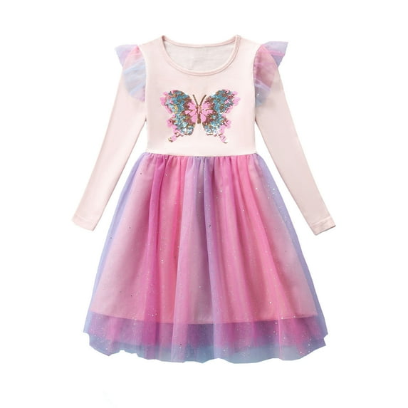 Odeerbi Kids Girls Butterfly Print Sparkly Tulle Dress Kids Fashion Cute Solid Color Mesh Long Sleeve Dress Kids Girls Clothes