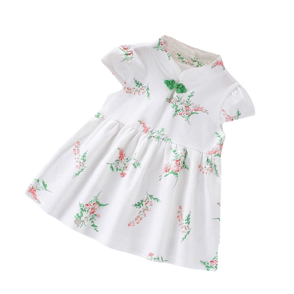 Odeerbi Kids Girls Cheongsam Dress 1-8 Years Cotton Dress Floral Skirt Children's Skirt White