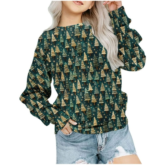 Odeerbi Kids Girls Christmas Crewneck Sweatshirts Fall Winter Pullover Sweatshirt Christmas Printed Long Sleeve Sweatshirt Kids Clothes Olive Green