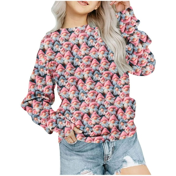 Odeerbi Kids Girls Christmas Crewneck Sweatshirts Fall Winter Pullover Sweatshirt Christmas Printed Long Sleeve Sweatshirt Kids Clothes Pink