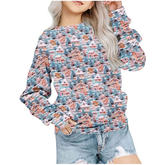 Odeerbi Kids Girls Christmas Crewneck Sweatshirts Fall Winter Pullover Sweatshirt Christmas Printed Long Sleeve Sweatshirt Kids Clothes Purple