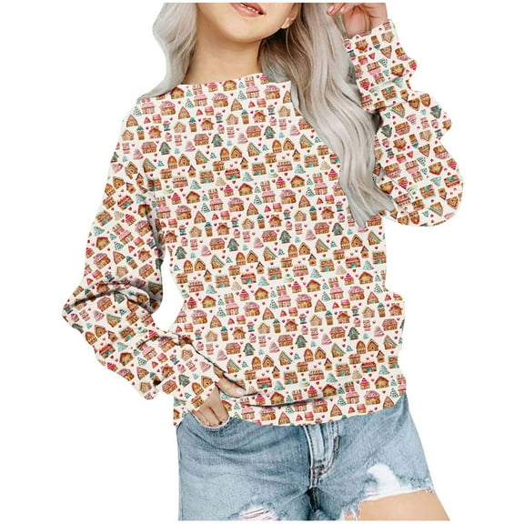 Odeerbi Kids Girls Christmas Crewneck Sweatshirts Fall Winter Pullover Sweatshirt Christmas Printed Long Sleeve Sweatshirt Kids Clothes Red