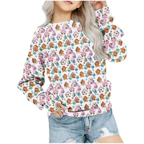 Odeerbi Kids Girls Christmas Crewneck Sweatshirts Fall Winter Pullover Sweatshirt Christmas Printed Long Sleeve Sweatshirt Kids Clothes White