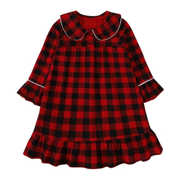Odeerbi Kids Girls Christmas Plaid Dress Peter Pan Collar Long Sleeve Cotton Nightdress Fall Winter Tiered Nightgown New Lattice Sleeping Skirt Red