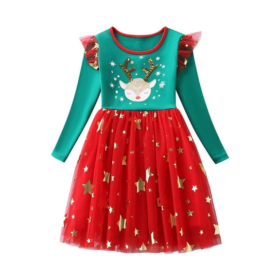 Odeerbi Kids Girls Christmas Star Sequin Sparkly Tulle Dress Spring Fall Long Sleeve Cute Princess Dresses Kids Fashion Deer Print Mesh Dress Kids Girls Clothes
