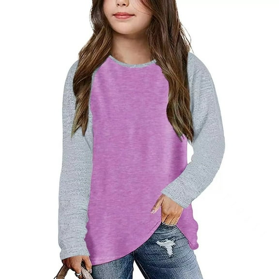 Odeerbi Kids Girls Color Block Shirt Child Raglan Long Sleeve Shirts 2025 Casual Crewneck Tops Loose Plain Tunic Cute Blouse Tees Purple 8-9 Years