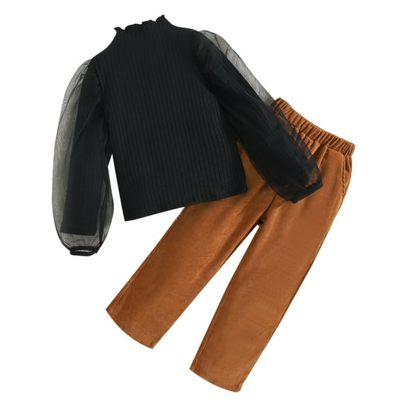 Odeerbi Kids Girls Corduroy Outfits Mesh Puff Sleeve Knit Cotton Top Corduroy Pants Set Black 6-7 Years