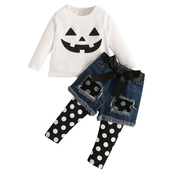 Odeerbi Kids Girls Cotton Clothes Fall Winter Outfits Set Children Long Sleeve Ghost Face T-shirt Polka Leggings Denim Shorts Three Piece Set White