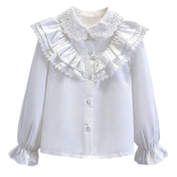 Odeerbi Kids Girls Cotton Dress Shirt Long Sleeve Ruffle School Uniform Shirts