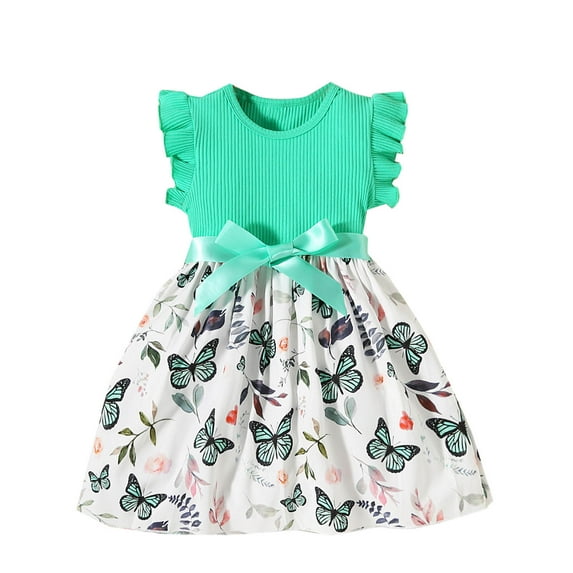 Odeerbi Toddler Girls Cotton Rib Knit Floral Dresses Summer Ruffle Sleeve Bow Princess Dress Children's Printed Sleeveless Round Neck Knee Length Dress Toddler Girls Clothes