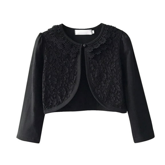 Odeerbi Kids Girls Cotton Shrug Cute Solid Color Long Sleeve Lace Princess Cardigan Shawl Toddler Kids Baby 2025 Fashion Top Coat Black 7-8 Years