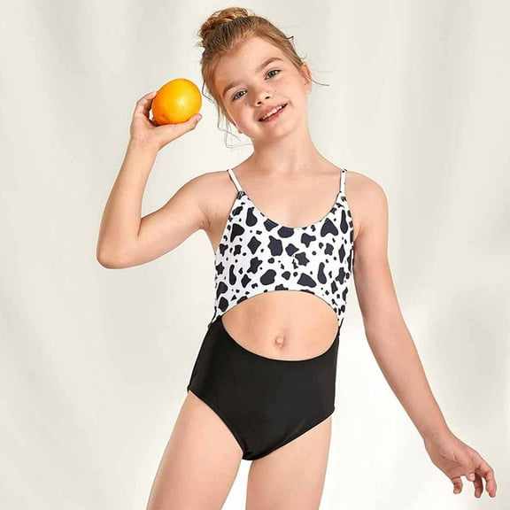 Odeerbi Kids Girls Cow Print One-piece Swimsuit Baby Surfing Swimwear Children's Printing Sleeveless One-piece Bathing Suit Swimming Suit Black 8 Years
