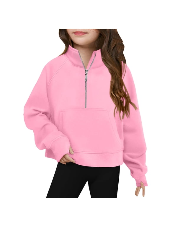 Kids Girls Crewneck Sweatshirts Fall Winter Pullover Sweatshirt Half Zip Long Sleeve Pullover Tops Crop Tops Kids Fleece Sweatshirts 5-14 Years Kids Clothes Pink