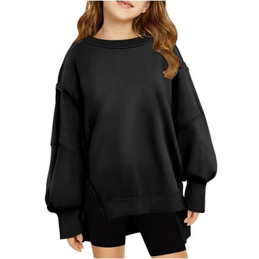 Odeerbi Kids Girls Crewneck Sweatshirts Fall Winter Pullover Sweatshirt Oversized Long Sleeve Pullover Tops Drop Shoulder Side Split Sweatshirts 5-14 Years Kids Clothes Black