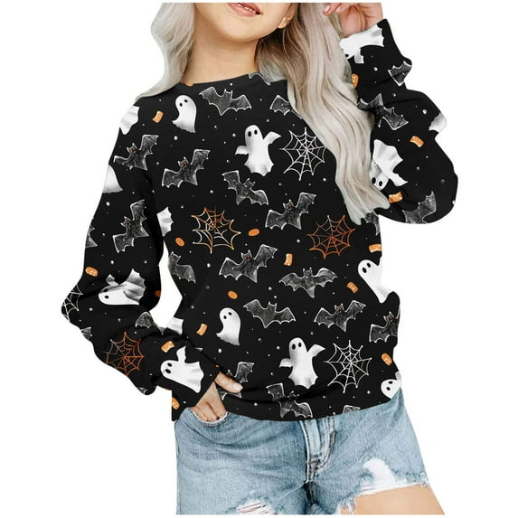 Odeerbi Kids Girls Crewneck Sweatshirts Halloween Pullover Sweatshirts 1-12 Years Kids Oversized Sweatshirt Fashion Long Sleeve Pullover Tops Dark Gray