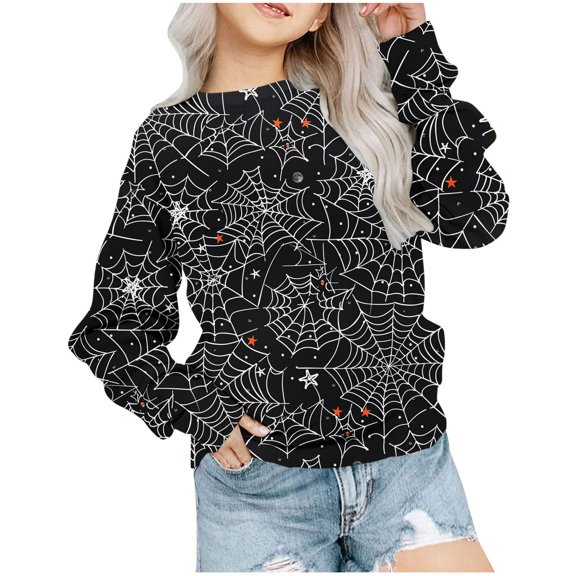 Odeerbi Kids Girls Crewneck Sweatshirts Halloween Pullover Sweatshirts 1-12 Years Kids Oversized Sweatshirt Fashion Long Sleeve Pullover Tops Black