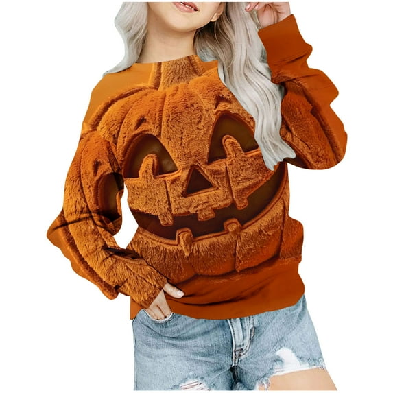 Odeerbi Kids Girls Crewneck Sweatshirts Halloween Pullover Sweatshirts 1-12 Years Kids Oversized Sweatshirt Fashion Long Sleeve Pullover Tops Orange