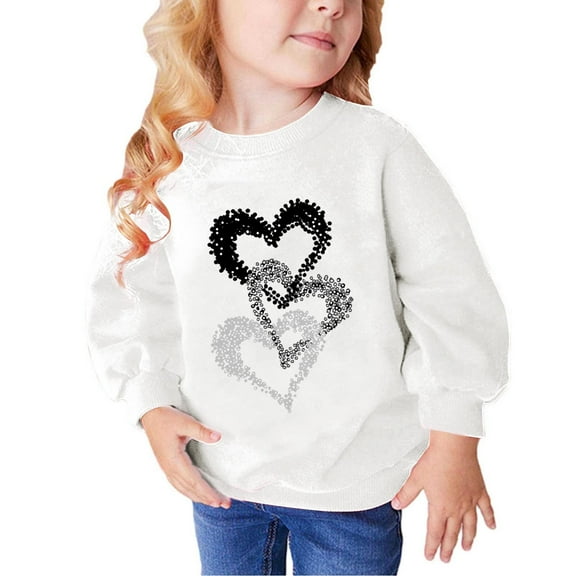 Odeerbi Kids Girls Crewneck Sweatshirts Pullover Sweatshirts Children's Fall Winter Sweatshirt Heart Print Long Sleeve Sweater Top White