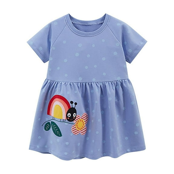 Odeerbi Kids Girls Cute Cartoon Print Dress Children Short Sleeve Cotton Dresses Printed Loose Casual Dresses 2-7 Years Navy