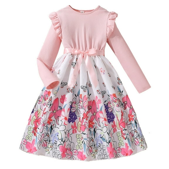 Odeerbi Kids Girls Cute Floral Dresses Rib Knit Long Sleeve Dress Fashion Flower Print Round Neck A-Line Dress Kids Girls Clothes