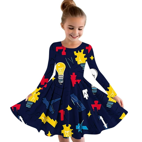Odeerbi Kids Girls Cute Floral Skater Dress Flared Princess Dresses 4-14 Years Children Round Neck Long Sleeve Dress Kids Girls Clothes