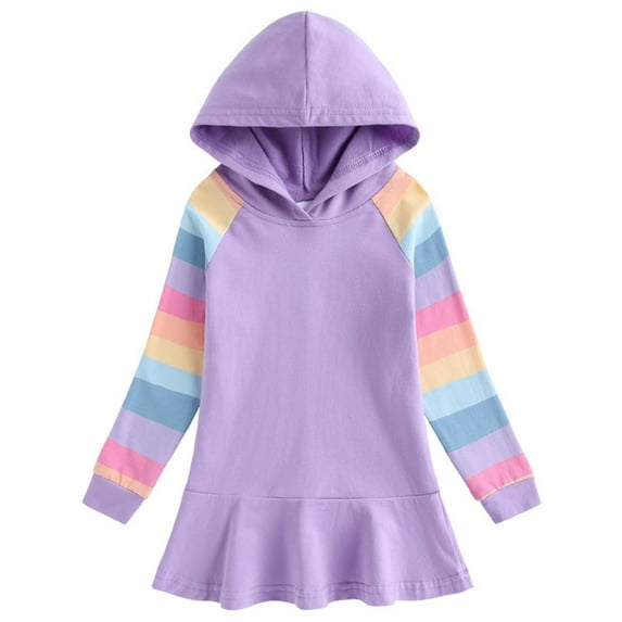 Odeerbi Kids Girls Cute Hooded Sweatshirts Dress Pleated Cotton Hoodie Dress Rainbow Striped Long Sleeve Loose Comfortable Casual Dress Kids Girls Clothes