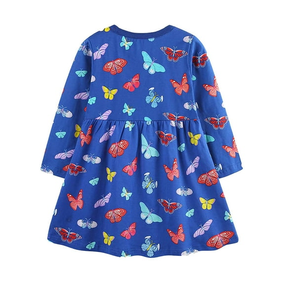 Odeerbi Kids Girls Fall Long Sleeve Dress Cartoon Print Cotton Dress Fashion New Pleated Round Neck Printed Dress Blue
