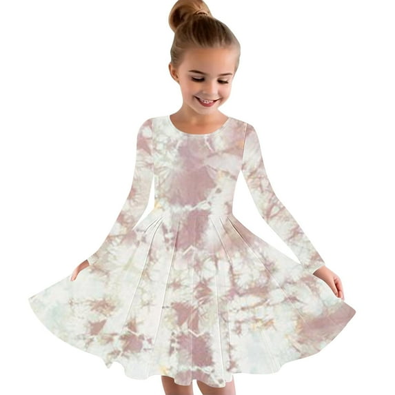 Odeerbi Kids Girls Fall Long Sleeve Tie-dye Dress Party Swing A Line Dress Casual Strechy Crewneck Flowy Dress Twirly School Recital Dress Beige