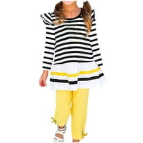 Odeerbi Kids Girls Fall Outfits Striped Ruffle Tops Leggings Set Fashion Casual Round Neck Long Sleeve Tops Printed Long Pants Sets Black