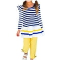 thumbnail image 1 of Odeerbi Kids Girls Fall Outfits Striped Ruffle Tops Leggings Set Fashion Casual Round Neck Long Sleeve Tops Printed Long Pants Sets Blue, 1 of 4