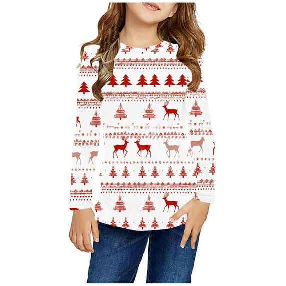 Odeerbi Kids Girls Fall Winter Basic Layering T-Shirt Christmas Basic Tees 3-14 Years Kids Christmas Print Pullover Long Sleeve Top Base Layer Shirt Kids Clothes Red