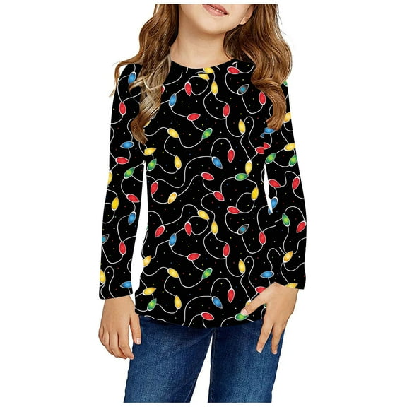 Odeerbi Kids Girls Fall Winter Basic Layering T-Shirt Christmas Basic Tees 3-14 Years Kids Christmas Print Pullover Long Sleeve Top Base Layer Shirt Kids Clothes Black