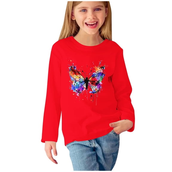 Odeerbi Kids Girls Fall Winter Basic Layering T-Shirt Cute Print Basic Tees Long Sleeve Shirts Cute Crewneck Tops Dressy Casual Blouses Base Layer Kids Clothes Red