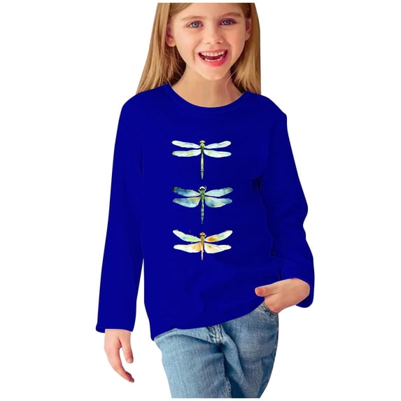 Odeerbi Kids Girls Fall Winter Basic Layering T-Shirt Cute Print Basic Tees Long Sleeve Shirts Cute Crewneck Tops Dressy Casual Blouses Base Layer Kids Clothes Blue