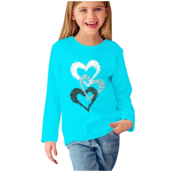 Odeerbi Kids Girls Fall Winter Basic Layering T-Shirt Cute Print Basic Tees Long Sleeve Shirts Cute Crewneck Tops Dressy Casual Blouses Base Layer Kids Clothes Light Blue