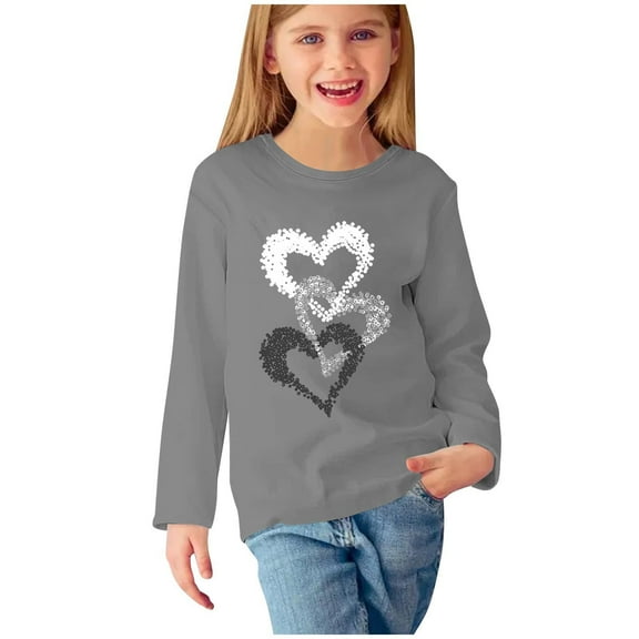 Odeerbi Kids Girls Fall Winter Basic Layering T-Shirt Cute Print Basic Tees Long Sleeve Shirts Cute Crewneck Tops Dressy Casual Blouses Base Layer Kids Clothes Gray