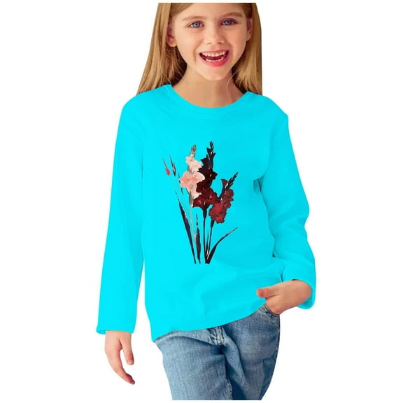 Odeerbi Kids Girls Fall Winter Basic Layering T-Shirt Cute Print Basic Tees Long Sleeve Shirts Cute Crewneck Tops Dressy Casual Blouses Base Layer Kids Clothes Light Blue