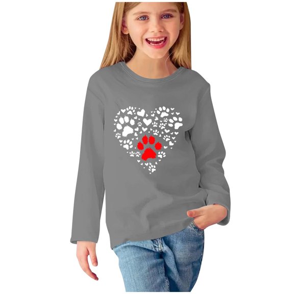 Odeerbi Kids Girls Fall Winter Basic Layering T-Shirt Cute Print Basic Tees Long Sleeve Shirts Cute Crewneck Tops Dressy Casual Blouses Base Layer Kids Clothes Gray