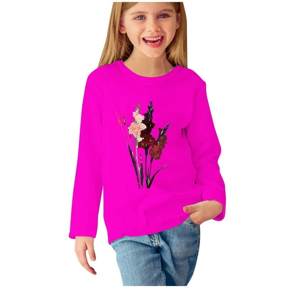 Odeerbi Kids Girls Fall Winter Basic Layering T-Shirt Cute Print Basic Tees Long Sleeve Shirts Cute Crewneck Tops Dressy Casual Blouses Base Layer Kids Clothes Hot Pink