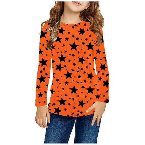 Odeerbi Kids Girls Fall Winter Basic Layering T-Shirt Halloween Basic Tees 3-14 Years Kids Long Sleeve Shirt Halloween Pullover Base Layer Shirts Kids Clothes Orange
