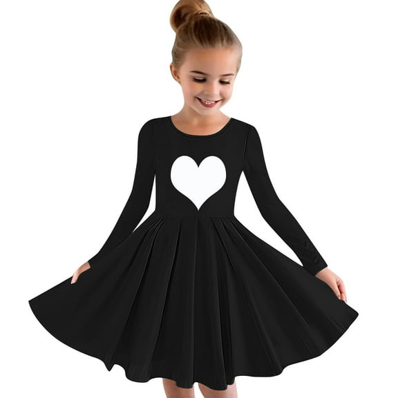 Odeerbi Kids Girls Fall Winter Flowy Princess Dresses Long Sleeve Stretchy Dress A Line Twirly Skater School Recital Dress Black