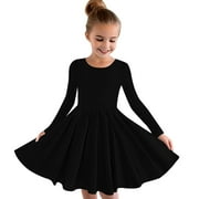 Odeerbi Kids Girls Fall Winter Flowy Princess Dresses Long Sleeve Stretchy Dress A Line Twirly Skater School Recital Dress Black