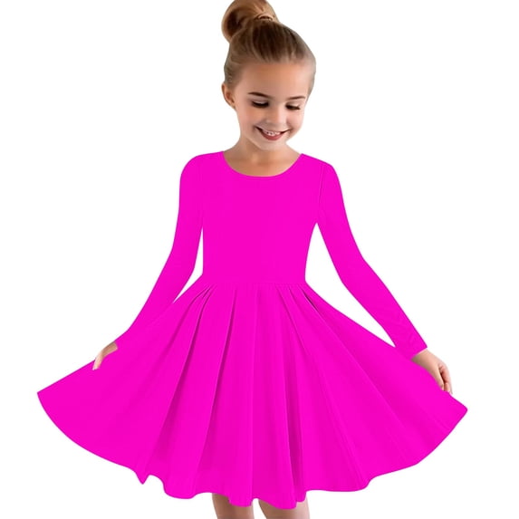 Odeerbi Kids Girls Fall Winter Flowy Princess Dresses Long Sleeve Stretchy Dress A Line Twirly Skater School Recital Dress Hot Pink