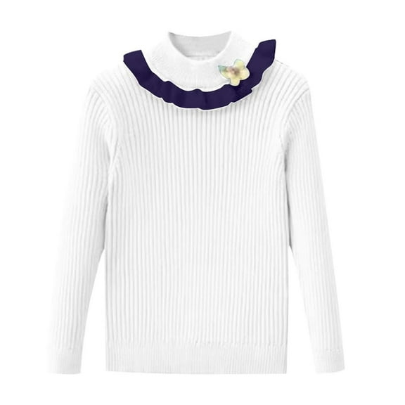 Odeerbi Kids Girls Fall Winter Knitted Basic Layering T-Shirt Cotton Basic Tees Ruffle Collar Mock Neck Sweater Long Sleeve Warm Thickened Sweater Kids Clothes White