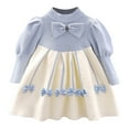 thumbnail image 1 of Odeerbi Kids Girls Fall Winter Long Sleeve Fleece Sweater Dress Bow Ruffle Rib Knit Cotton Dress 1-8 Years Cute Lace Patchwork Thermal Dress Kids Clothes Light Blue, 1 of 4