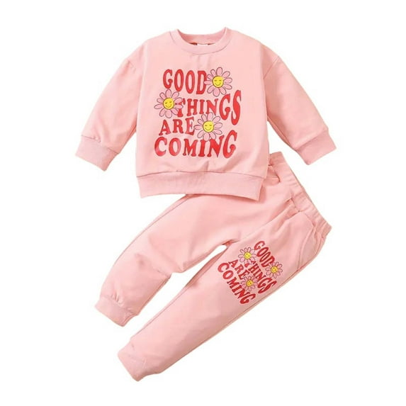 Odeerbi Kids Girls Fall Winter Outfits Floral Sweatsuits Cute Tracksuit Letter Flower Sweatshirt Sweatpants Two-piece Set Kids Clothes Pink