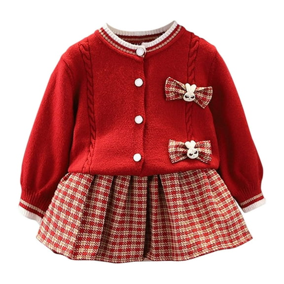 Odeerbi Kids Girls Fall Winter Outfits Rabbit Cardigan Sweater with Plaid Pleated Skirt Set 1-8 Years Kids Cute Long Sleeve Tie Button Sweater Short Skirt Two-piece Set Kids Clothes Red