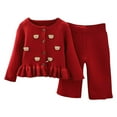 thumbnail image 1 of Odeerbi Kids Girls Fall Winter Outfits Ruffle Ribbed Sweater Knitted Pants Set 1-8 Years Kids Bear Button Sweater Pants Two Piece Set Long Sleeve Knitted Top Set Kids Clothes Red, 1 of 4